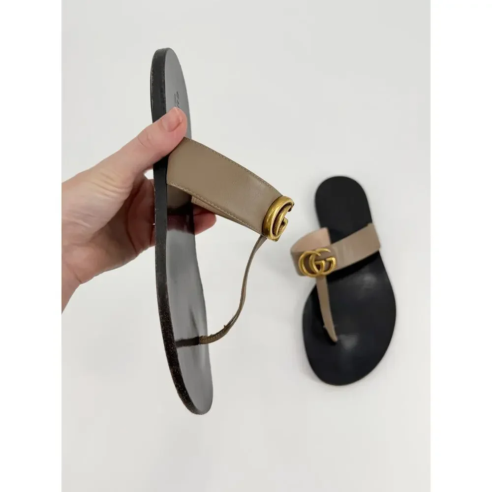 Gucci Marmont Black Leather Double G Logo Thong Sandals Flat Size 39 EU 9